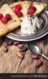 pancakes with raspberries. Homemade pancakes with fresh raspberries and ice cream. Shrovetide