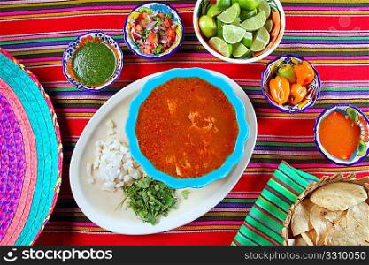 Pancita mondongo mexican soup varied chili sauces Mexico food