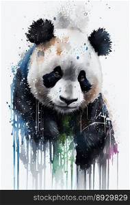 Panda bear portrait watercolor drawing. Cute animal painting, isolated on white, colorful realistic aquarelle illustration, lazy bamboo forest hipster. Panda bear sketch, bright color. Panda bear portrait watercolor drawing, cute animal