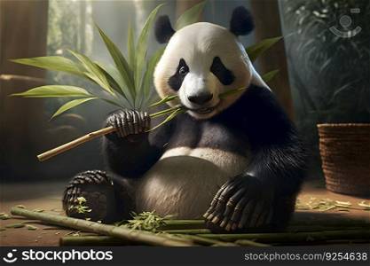Panda eating shoots of bamboo. Rare and endangered black and white bear. Neural network AI generated art. Panda eating shoots of bamboo. Rare and endangered black and white bear. Neural network AI generated