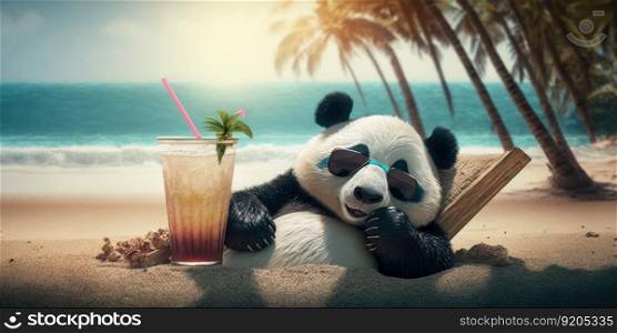 panda is on summer vacation at seaside resort and relaxing on summer beach