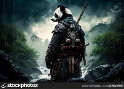 Panda samurai in mountain landscape. High mountain in the clouds, trees and panda bear samurai in armor. AI generated illustration. Panda samurai in mountain landscape, AI generated illustration
