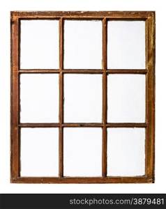 panel of vintage, grunge, sash window with dirty glass (9 panes), isolated on white with a clipping path