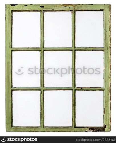 panel of vintage, grunge, sash window with dirty glass (9 panes), isolated on white with a clipping path