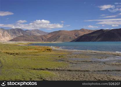 Pangong Lake, Jammu and Kashmir, India. Pangong Tso or high grassland lake extends from India to China. Approximately percent of the length of the lake lies in China. Pangong Lake, Jammu and Kashmir, India. Pangong Tso or high grassland lake extends from India to China.