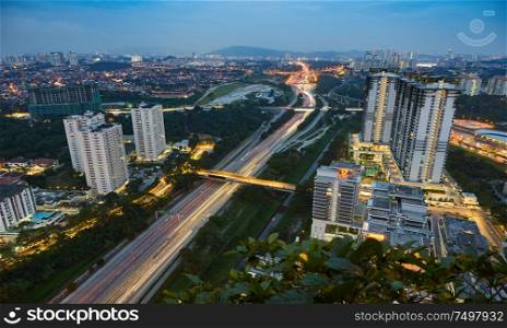 Panorama aerial view in the middle of Kuala Lumpur cityscape skyline .Evening scene , Malaysia .