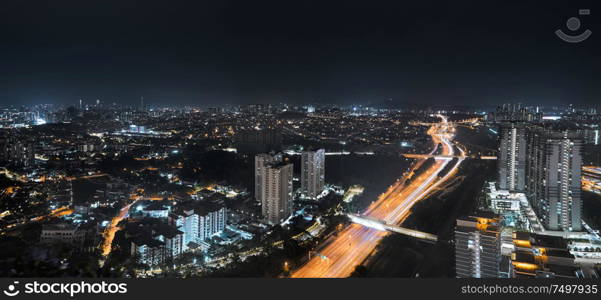 Panorama aerial view in the middle of Kuala Lumpur cityscape skyline .Night scene , Malaysia .