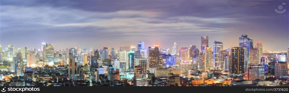 Panorama Aerial view of Bangkok downtown Skyline at night