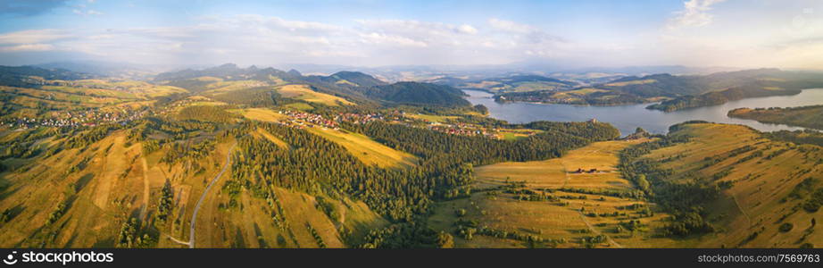 Panorama aerial View of Czorsztyn Lake and Beskids hills, reservoir on Dunajec river in Tatras mountains, lesser Poland