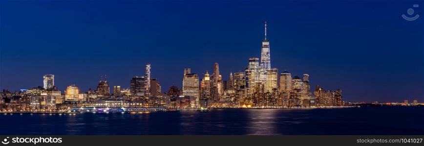 Panorama Aerial view of New York city Manhattan skyline cityscape at dusk from New Jersey.