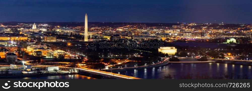 Panorama Aerial view of Washington DC cityscape from Arlington Virginia USA.