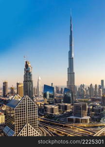 Panorama and aerial view of downtown Dubai in a summer day, United Arab Emirates