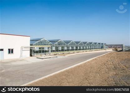 panorama and appearance of the greenhouse in the day time. facade and glass roof of hothouse. the facade of the greenhouse