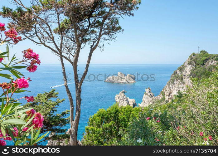 Panorama at Palaiokastritsa on Corfu, Greece.