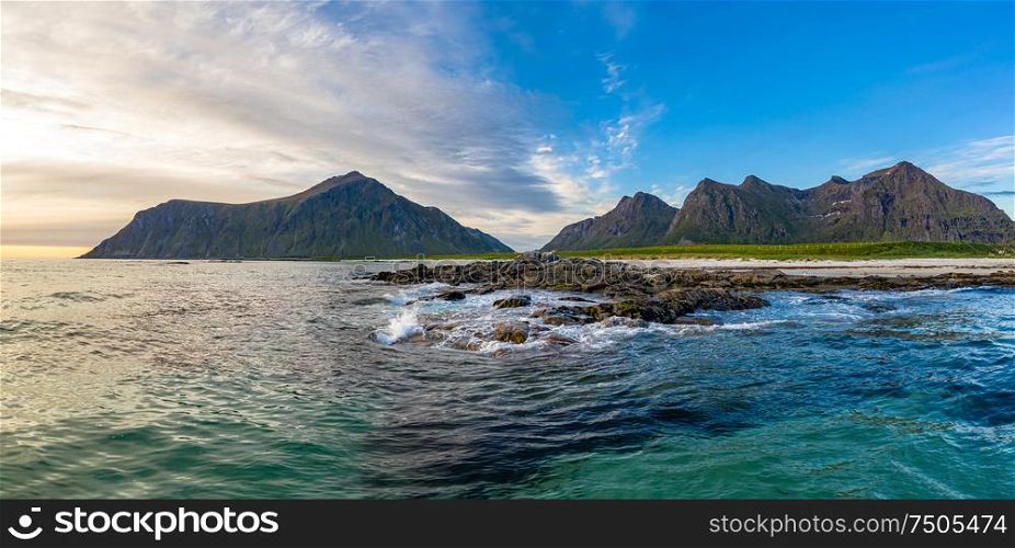 Panorama Beach Lofoten islands is an archipelago in the county of Nordland, Norway. Is known for a distinctive scenery with dramatic mountains and peaks, open sea and sheltered bays, beaches