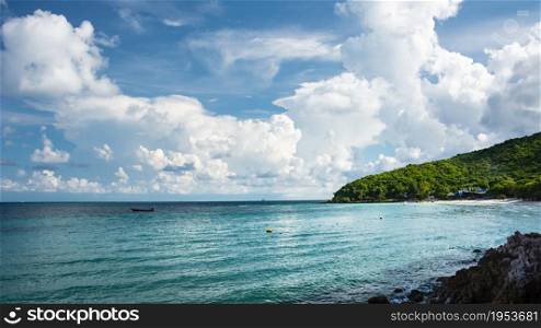 Panorama Beautiful Green Mountain And Blue Sea, Cloud And Beach, Summer Travel In Thailand