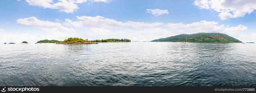 Panorama beautiful nature landscape Koh Lipe island, Ko Adang island and Ko Talang island in the Andaman Sea under the blue sky and white clouds of summer, Tarutao National Park, Satun, Thailand. Panorama Koh Lipe and Ko Adang island in summer, Thailand