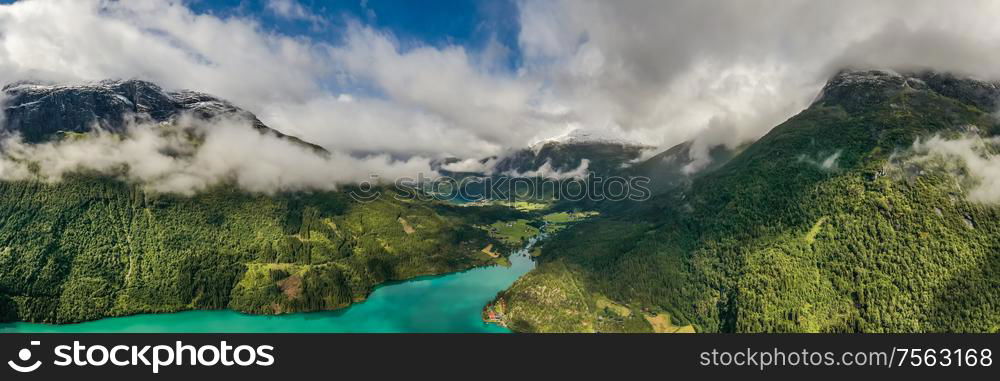 Panorama Beautiful Nature Norway natural landscape. lovatnet lake Lodal valley.