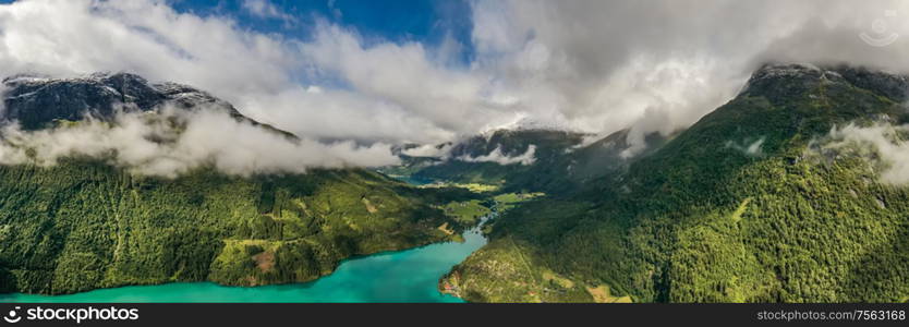 Panorama Beautiful Nature Norway natural landscape. lovatnet lake Lodal valley.