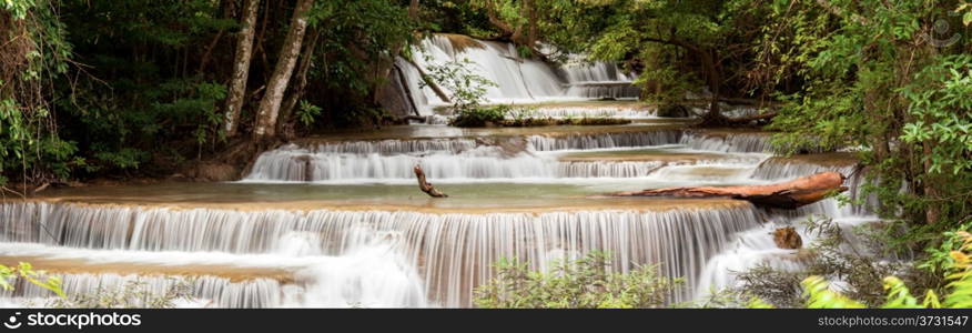 Panorama Beautiful Tropial Waterfall in Rainforest of Thailand