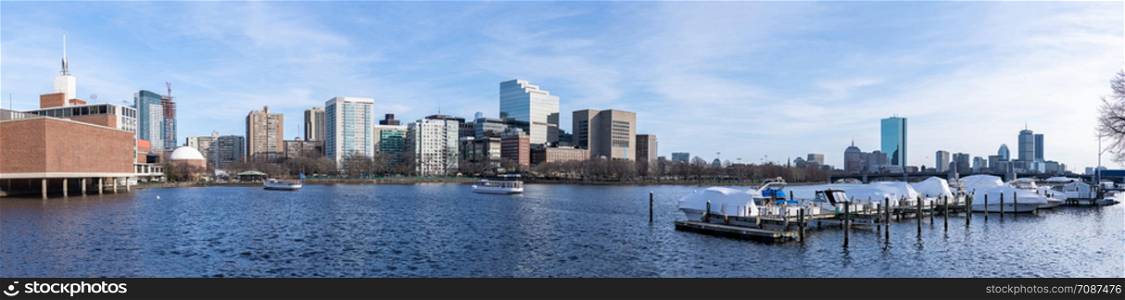 Panorama Boston Downtown cityscape along Charles River with skylines building at Boston city, MA, USA.