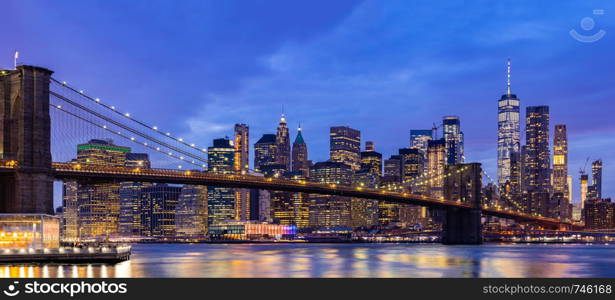 Panorama Brooklyn bridge with Lower Manhattan skyscrapers bulding for New York City in New York State NY , USA