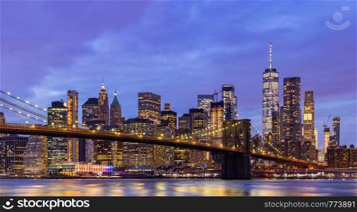 Panorama Brooklyn bridge with Lower Manhattan skyscrapers bulding for New York City in New York State NY , USA