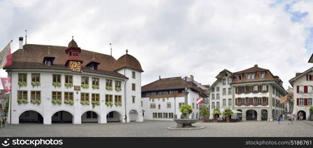 Panorama City Hall Square in Thun, Switzerland 23 july 2017