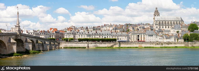 Panorama Cityscape of Blois with Cathedral over Loire river France
