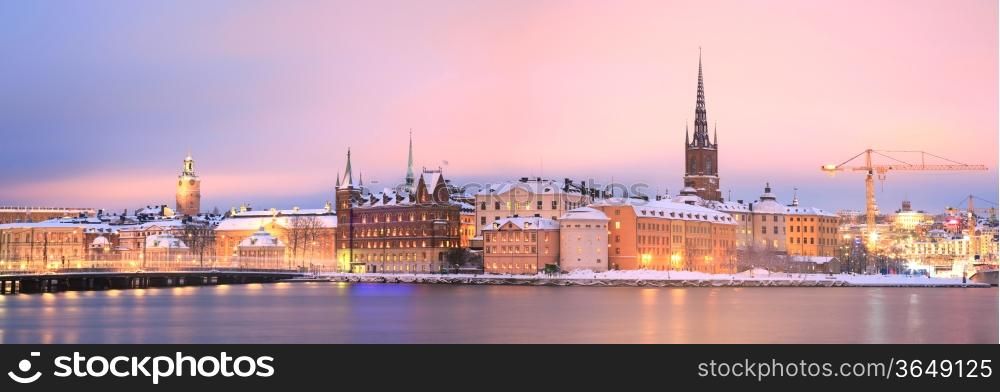 Panorama Cityscape of Gamla Stan Old Town Stockholm city at dusk Sweden