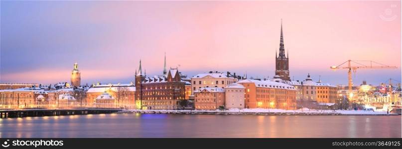 Panorama Cityscape of Gamla Stan Old Town Stockholm city at dusk Sweden