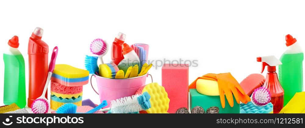 Panorama detergents for kitchen, bathroom, toilet isolated on white background
