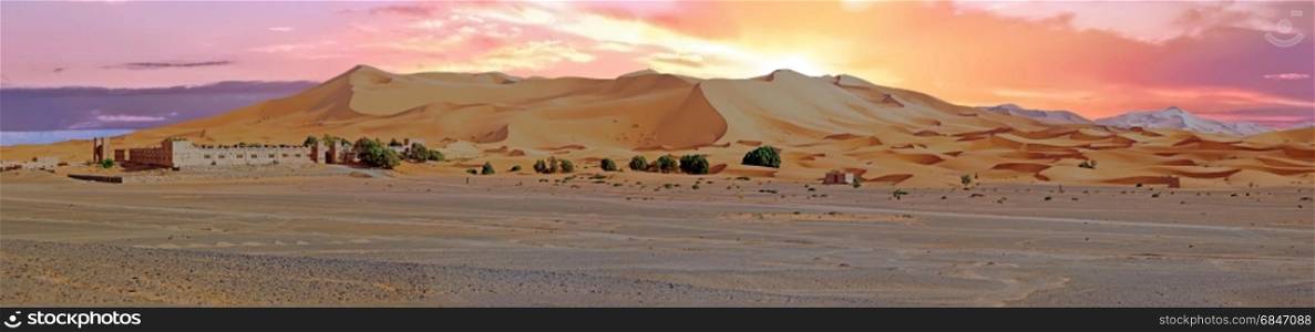Panorama from the Erg Chebbi desert in Morocco Africa at sunset. Panorama from the Erg Chebbi desert in Morocco at sunset