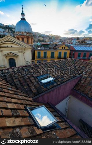 Panorama from the roofs of center of Naples, Italy