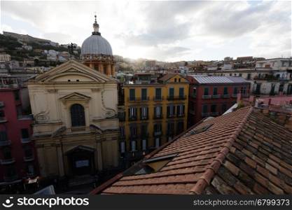 Panorama from the roofs of center of Naples, Italy