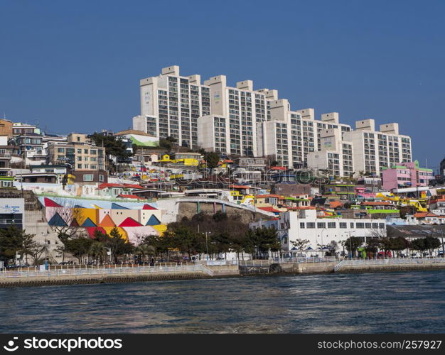 Panorama from the sea to Yeosu city. South Korea. January 2018