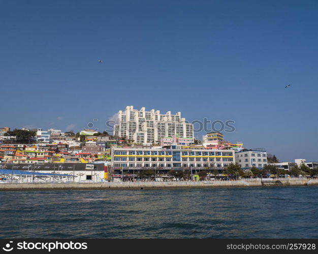 Panorama from the sea to Yeosu city. South Korea. January 2018