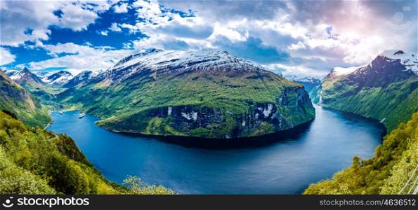 Panorama Geiranger fjord, Beautiful Nature Norway. It is a 15-kilometre (9.3 mi) long branch off of the Sunnylvsfjorden, which is a branch off of the Storfjorden (Great Fjord).