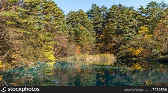 Panorama Goshiki-numa Five Colour Pond in Autumn, Urabandai, Fukushima, Japan