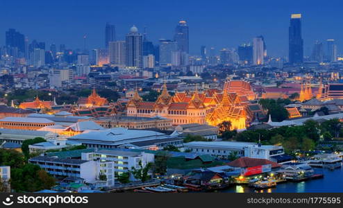 Panorama Grand Palace of Thailand at twilight in Bangkok.. Panorama view of bangkok