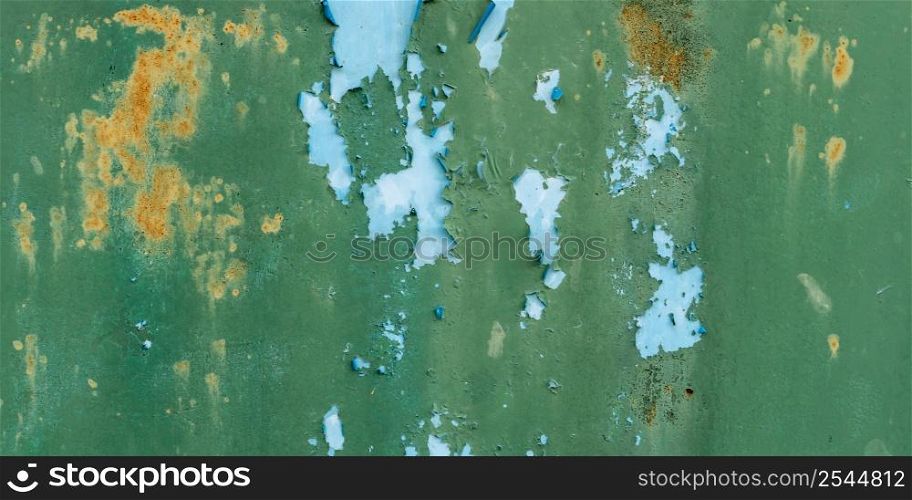Panorama grunge surface green metal texture and background with copy space