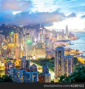 Panorama Hong Kong city Skyline from braemar hill at dusk