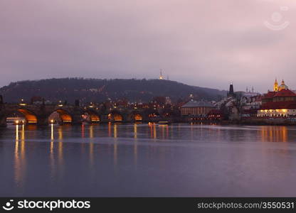 Panorama Karlov or Charles bridge in Prague in autumn