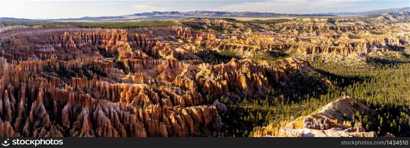 Panorama Landscape Hoodoos in Bryce Canyon National Park viewpoint in Utah United States. USA American National Park Landscape travel destinations and tourism concept. Web Banner crop.