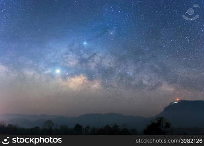 Panorama landscape Milky way galaxy with stars and space dust in the universe over mountain, long exposure.. Milky Way over mountain.