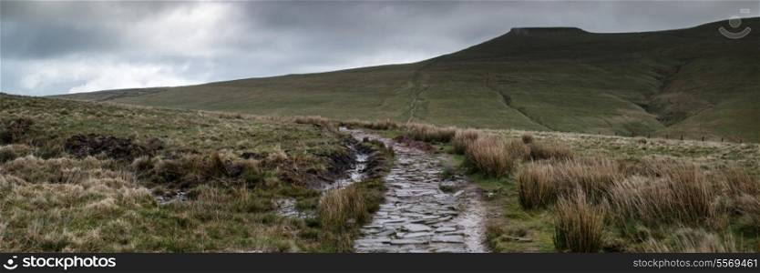 Panorama landscape of footpath leading towards Corn Du mountain in Brecon beacons
