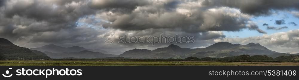 Panorama landscape of Snowdonia mountain range in Snowdnoia National Park