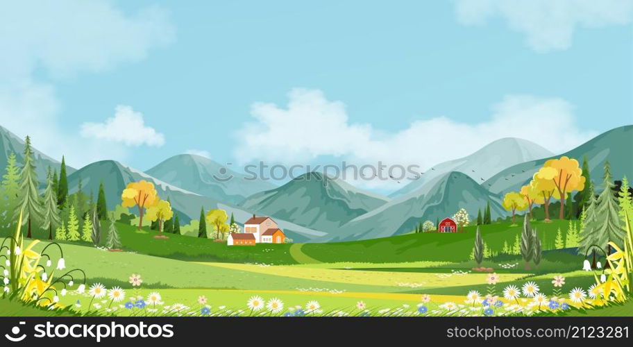 Panorama landscape of spring village with green meadow on hills with blue sky, illustration Summer or Spring landscape, Panoramic countryside of green field with farmhouse, barn and grass flowers