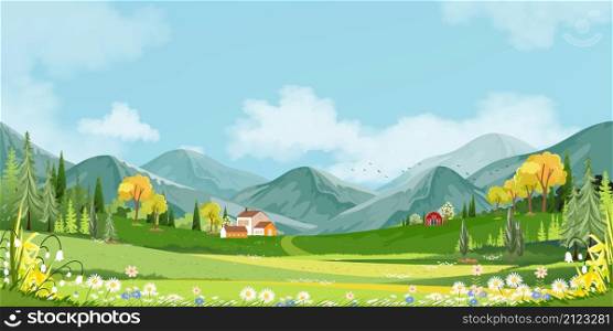 Panorama landscape of spring village with green meadow on hills with blue sky, illustration Summer or Spring landscape, Panoramic countryside of green field with farmhouse, barn and grass flowers