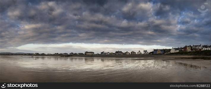 Panorama landscape of stormy sky over seaside town